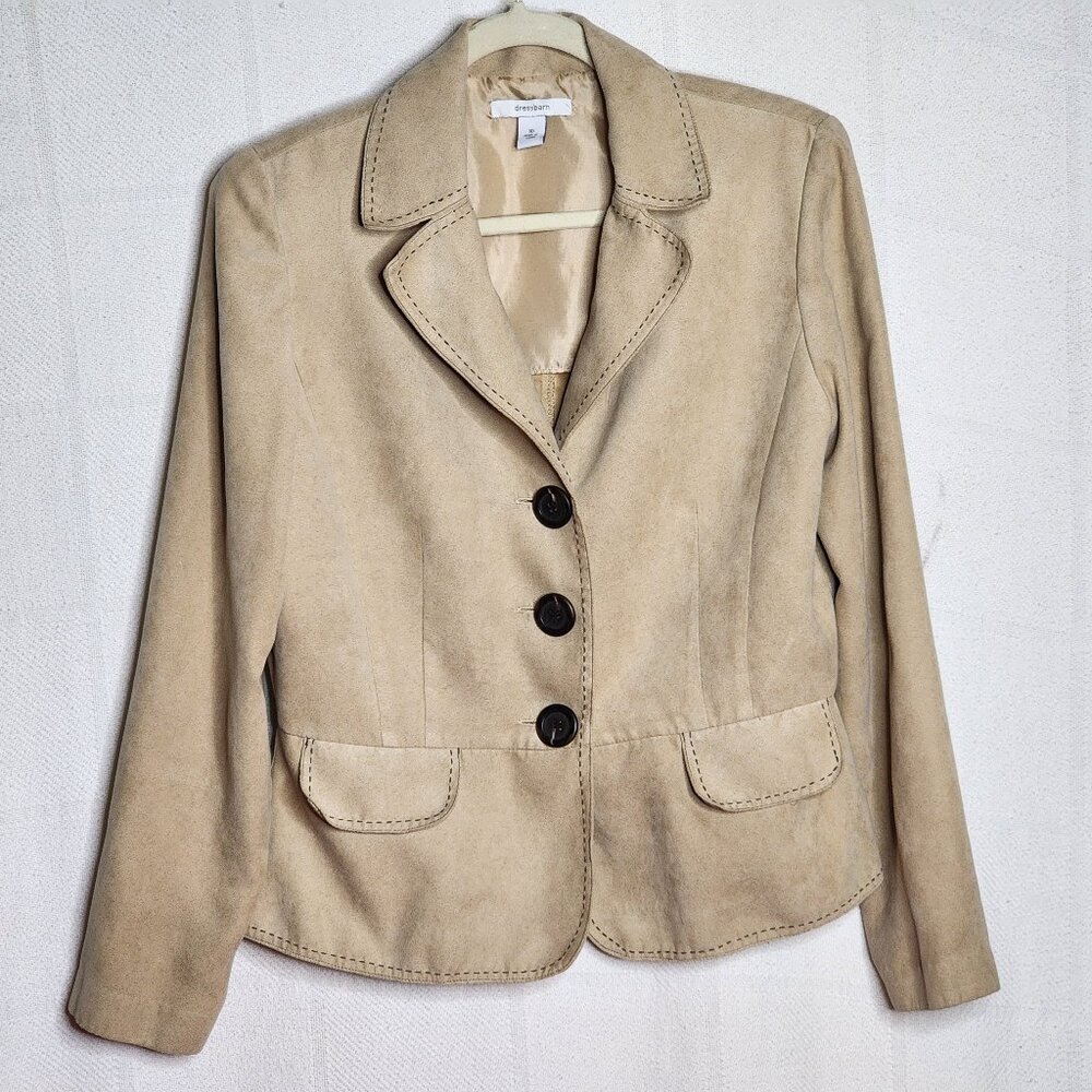 Dressbarn Tan Brown Buttons Stitching Poly Partially Lined Faux Suede Blazer 10